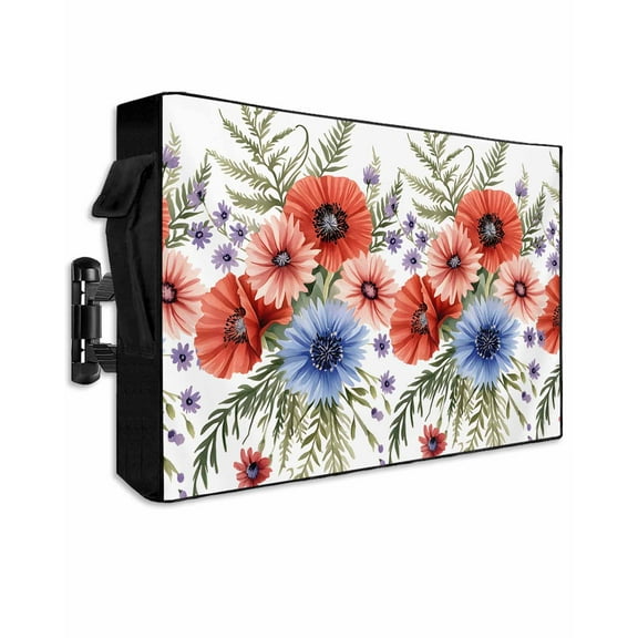 Flower Outdoor TV Cover 52 to 55 Inch Weatherproof, Patriotic Red Blue Pink Poppy Flowers Watercolor 600D Oxford TV Covers with Waterproof Zipper, Outside Flat TV Screen Protector 52"Wx19"Hx4.5"D