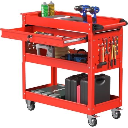 3 Tier Rolling Tool Cart, Heavy Duty Tool Cart on Wheels for Mechanics,400 LBS Tool Cart with Drawers for Garage, Warehouse & Repair Shop (Red)