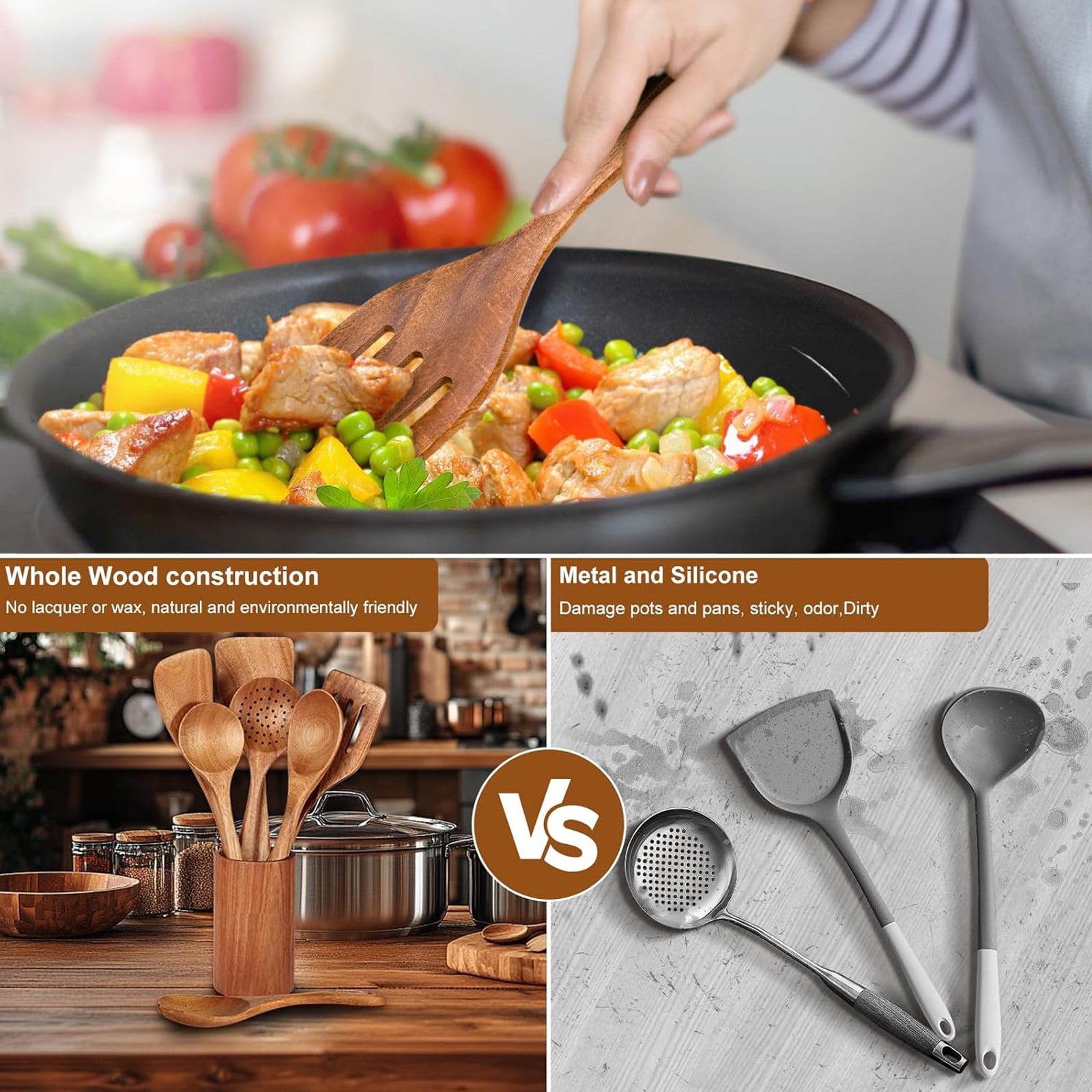 Kisportee Wooden Spoons for Cooking, 8 Pcs Natural Teak Wooden Utensils Set, Non-Stick & Heat Resistant Durable Wood Kitchen Utensil Set