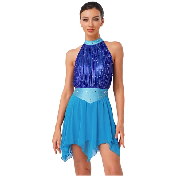 Xnihocha Women Contemporary Lyrical Dance Dress Halter Neck Sequins Leotard Mesh Tulle Dress Dancewear Blue L