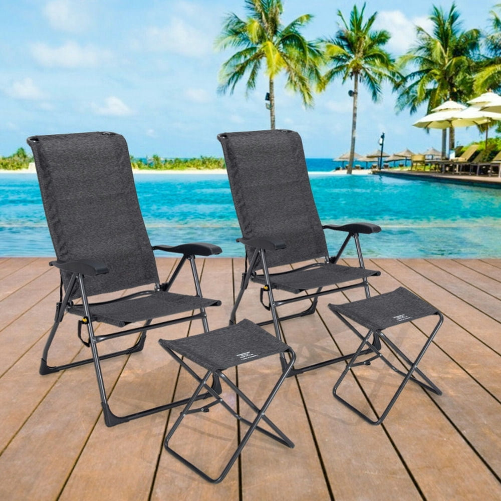 GVN Outdoor Kitchen Chair, Dinner Chairs,4 Pieces Patio Adjustable Back Folding Dining Chair Ottoman Set-Gray