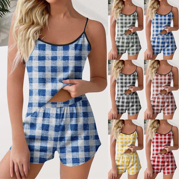Paiwinds Women's Pajama Set - Printed Sleeveless Camisole & Elastic Shorts with V-Neck Design, Stretchy Summer Sleepwear