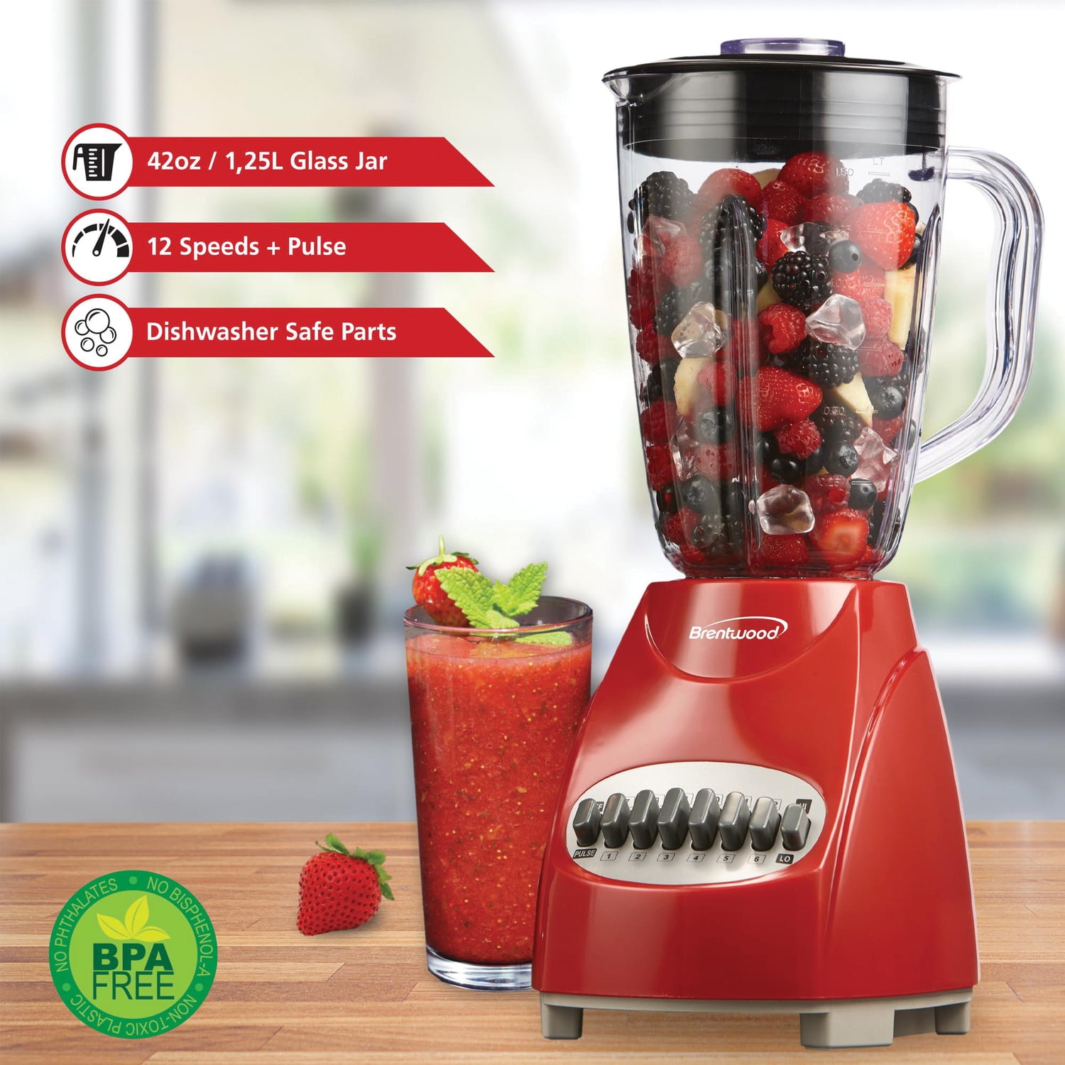 Brentwood 350 W 42 oz 12-Speed + Pulse Electric Blender, Red