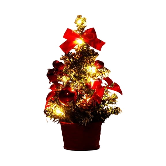 JEWLALO Small Christmas Tree with Lights,8" Lighted Mini Christmas Tree with Bows, Ball, Pine Cone and Woven Base, Artificial Tabletop Christmas Tree, Potted Small Xmas Trees Decorations (Red)