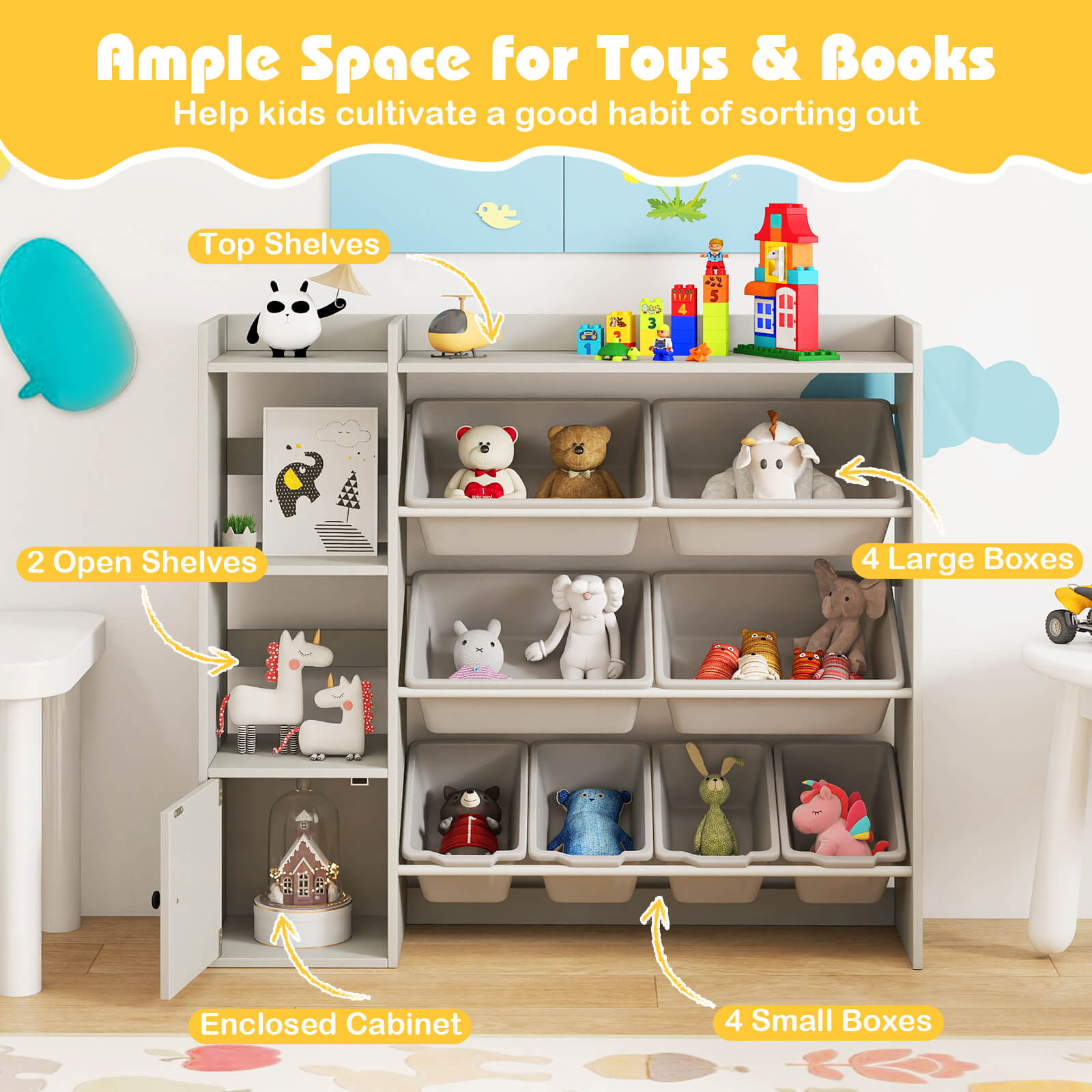 Costway Kids Toy Storage and Bookshelf, Wooden Bookcase with 4 Small Boxes & 4 Large Boxes Gray