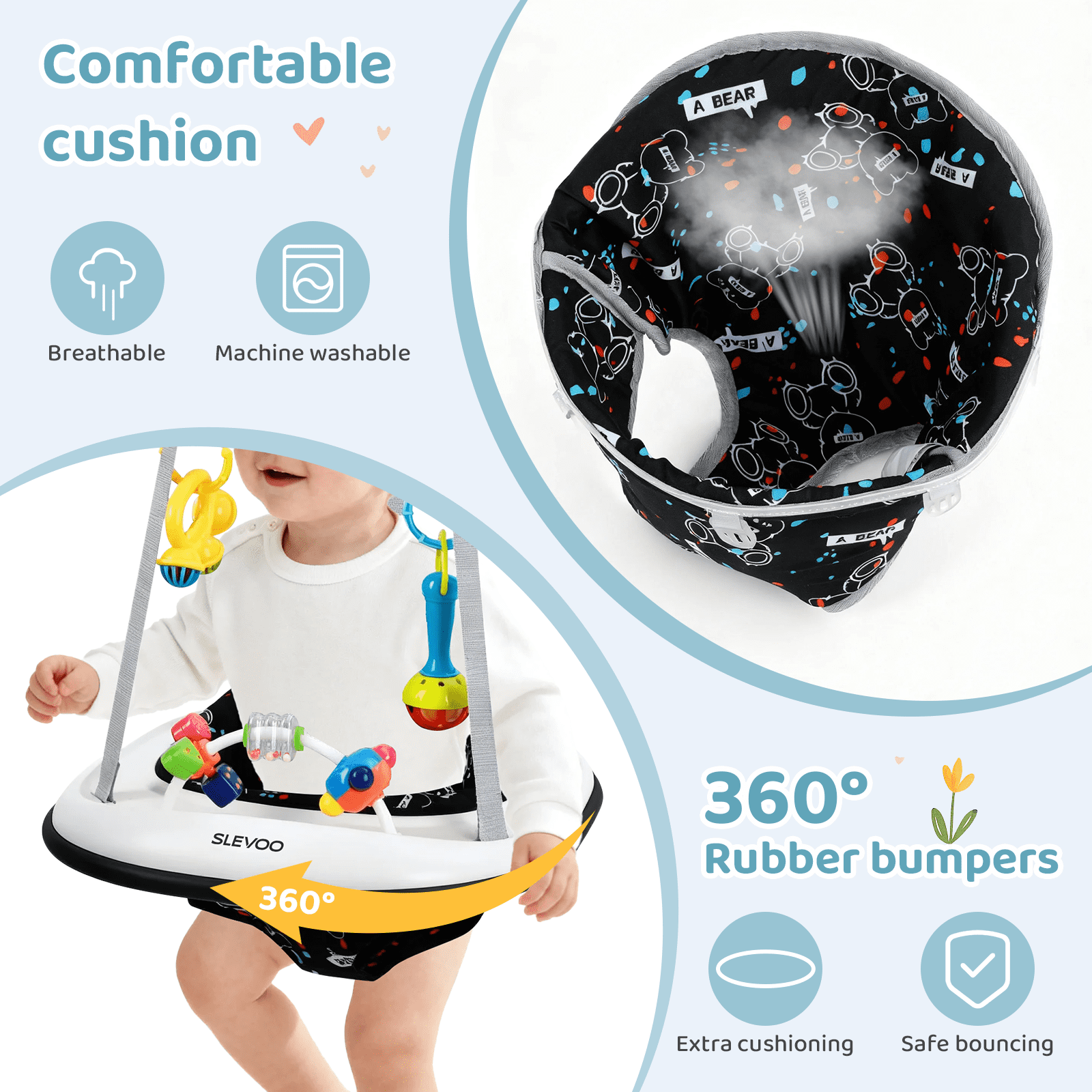 Slevoo Baby Doorway Jumper Baby Bouncer with Bumper, Two Jingle Rattles & Play Tray, Quiet Bear