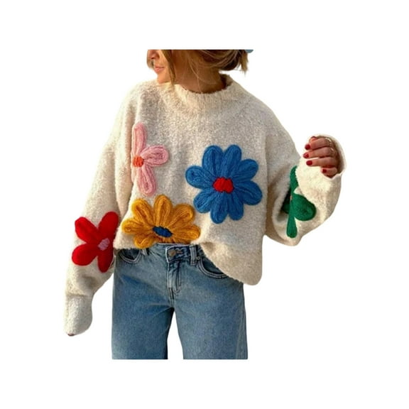 Women'S Long Puff Sleeve Sweaters Casual Crewneck Ribbed Knit Flower Color Block Loose Pullover Tops White S