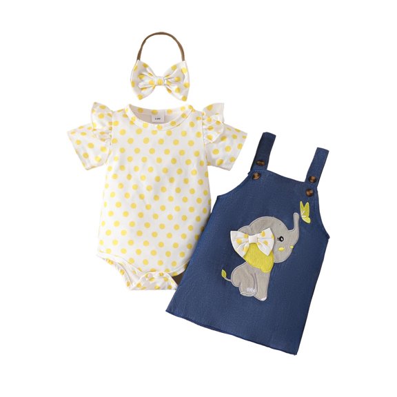 WOYY Girls Summer Outfits Cartoon Print Romper Denim Suspender Skirt Headband, Sizes 0-18M