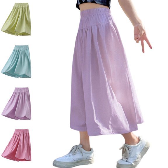 UJNDER Girls Lightweight and Skirt Combo Breathable Ice Silk Casual Loose Fit Girls Wide Leg Pants,Purple,5-6 Years