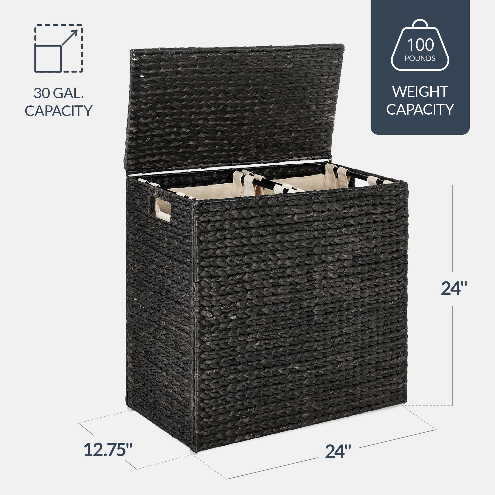 Best Choice Products Large Natural Water Hyacinth Double Laundry Hamper Basket w/ 2 Liner Bags, Handles - Black