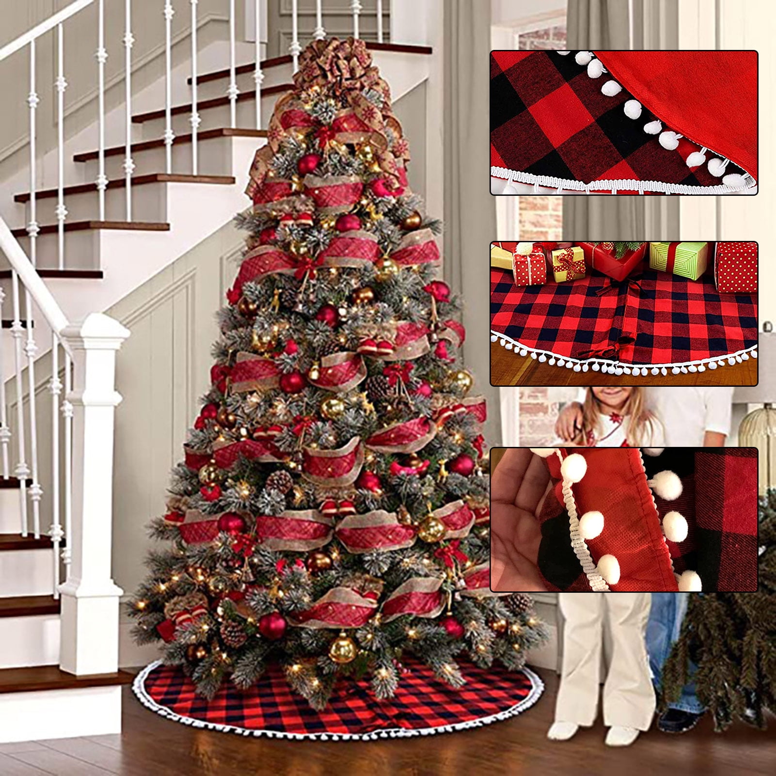 for Xmas New Year Holiday Home Ornaments 无 48 Inches Christmas Tree Skirt Christmas Deocration Red Black Plaid Buffalo Double Tree Skirt Cotton Tree Skirt