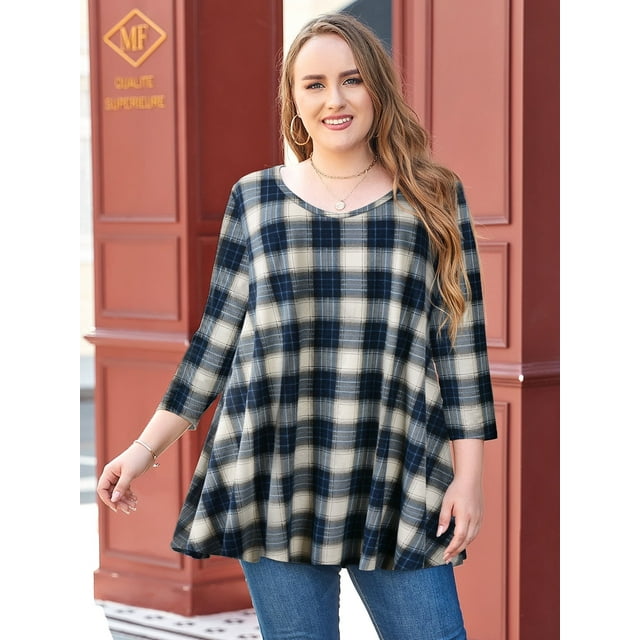 LARACE T-Shirts à Manches 3/4 pour Femmes Col Rond Crochet Amples Décontractés Chemises Blouses Hauts Kaki 1X