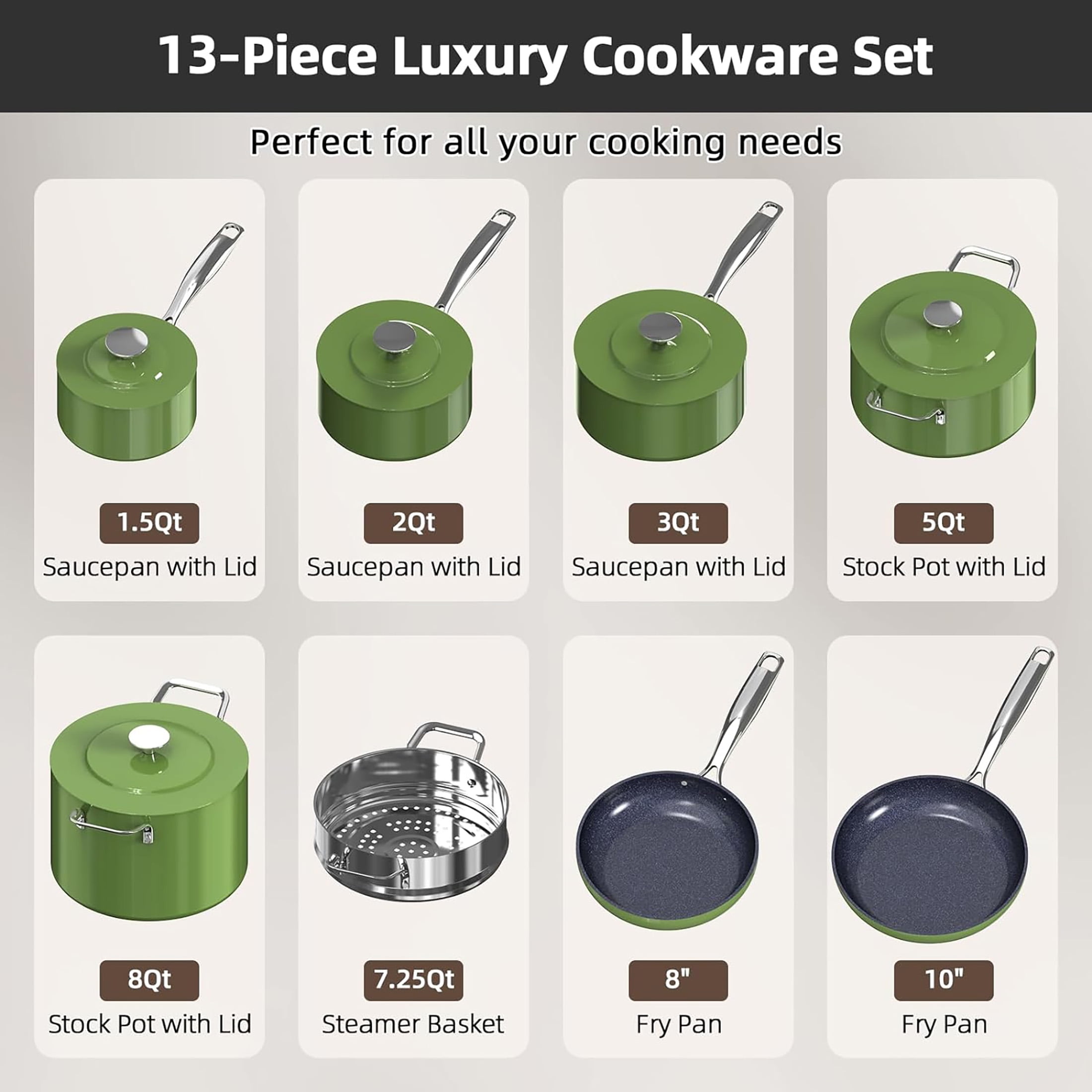 Nuwave 13pc Lux Pots and Pans Set Ultra Nonstick, Healthy G10 Duralon Ceramic Coating Forged Lightweight Cookware Set, Stay-Cool Handles, Works on All Cooktops & Oven, Avocado