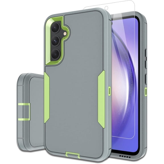 for Samsung Galaxy S23-FE Case, and Glass Screen Protector, Dust-Proof Port Cover, Full Body Silicone Rubber Covered, Non-Slip Drop-Proof Phone Case for S23 FE 5G(2023), Green/Grey