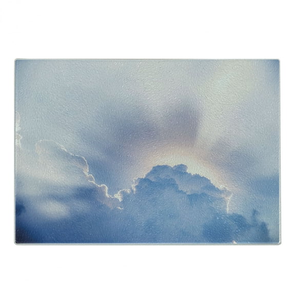 Sun Cutting Board, Sunbeam Behind Fluffy Clouds Sky Sunrise View Inspirational Nature Photo, Decorative Tempered Glass Cutting and Serving Board, Small Size, Pale Blue White, by Ambesonne