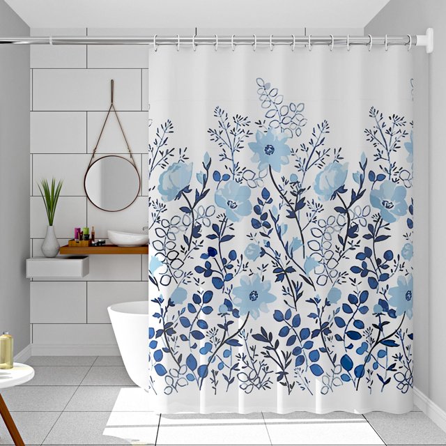Waterproof shower curtain blue and white porcelain single curtain without rod width 200*height 200 (with hanging ring)