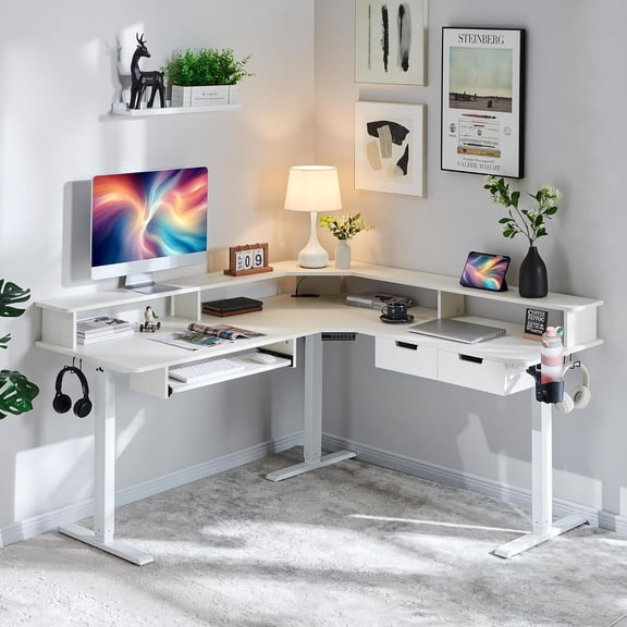 RedLemon Electric L Shaped Standing Desk, 60" Motor Height Adjustable Sit Stand Corner Desk with Led, Large Home Office Desk Computer Workstation, Antique White