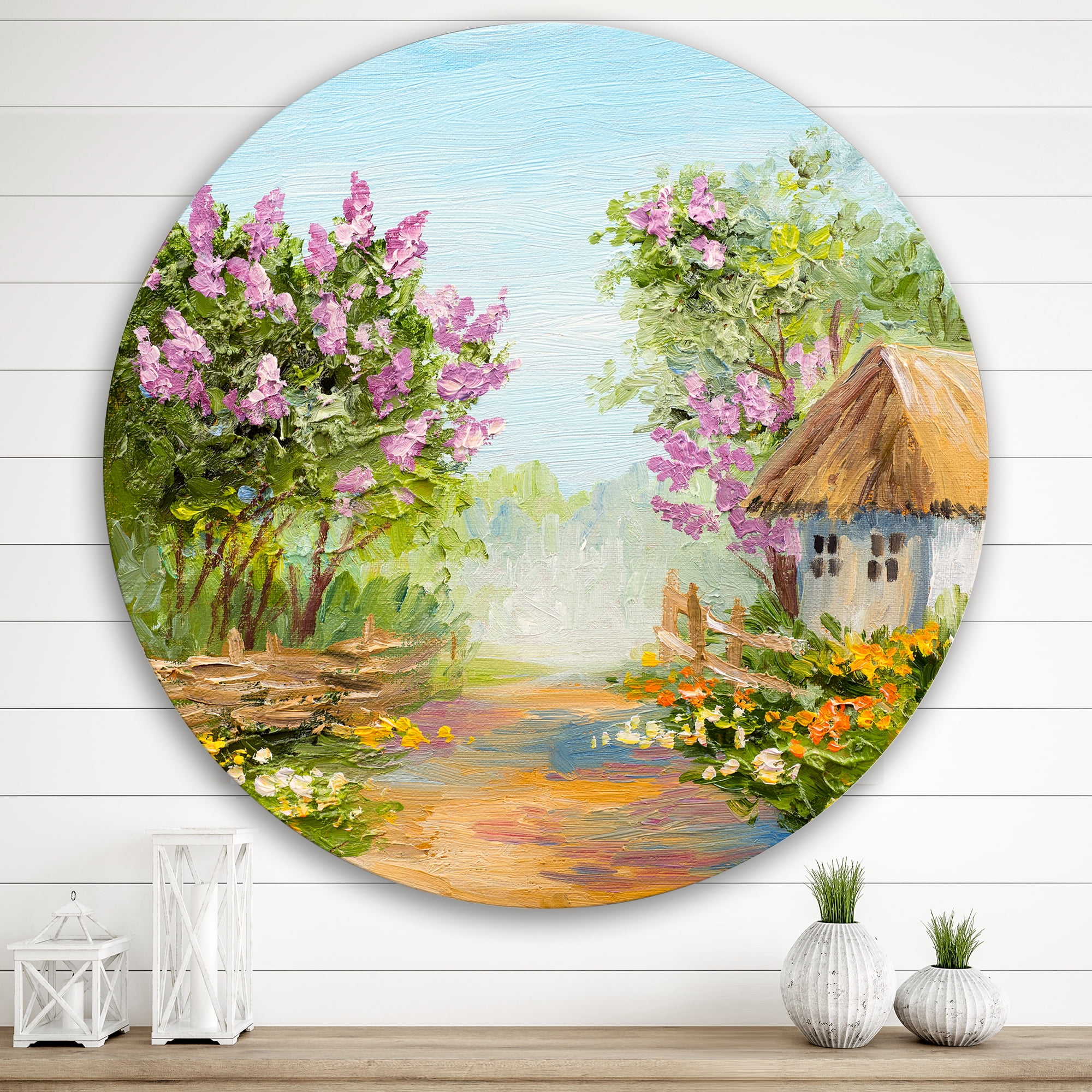 Designart 'Little House In The Blossoming Flowers Forest' Lake House Circle Metal Wall Art 36x36 - Disc of 36