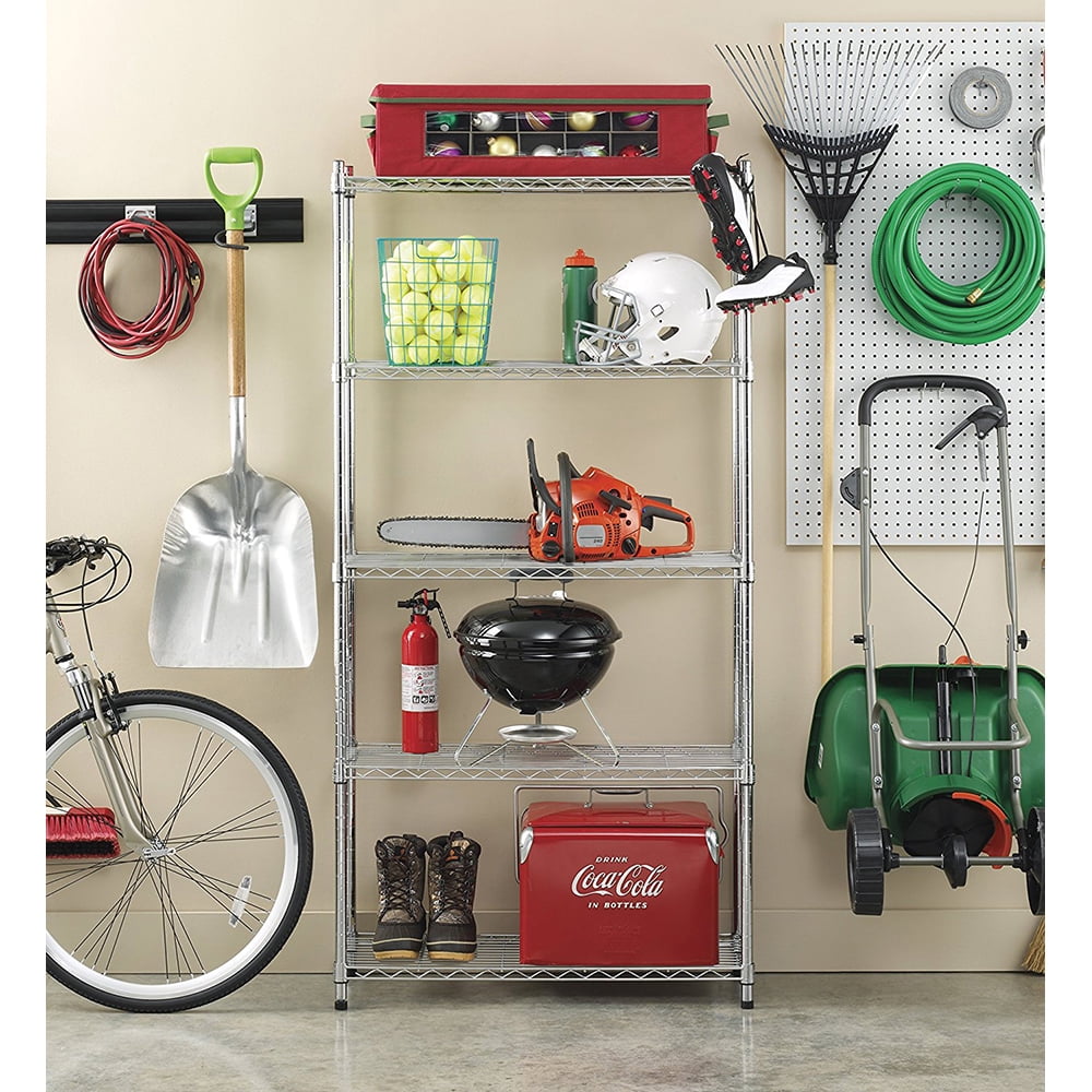 Whitmor Adjustable 36"W x 14"D x 72"H 5-Shelf Freestanding Storage Shelves, Chrome, Adult Use