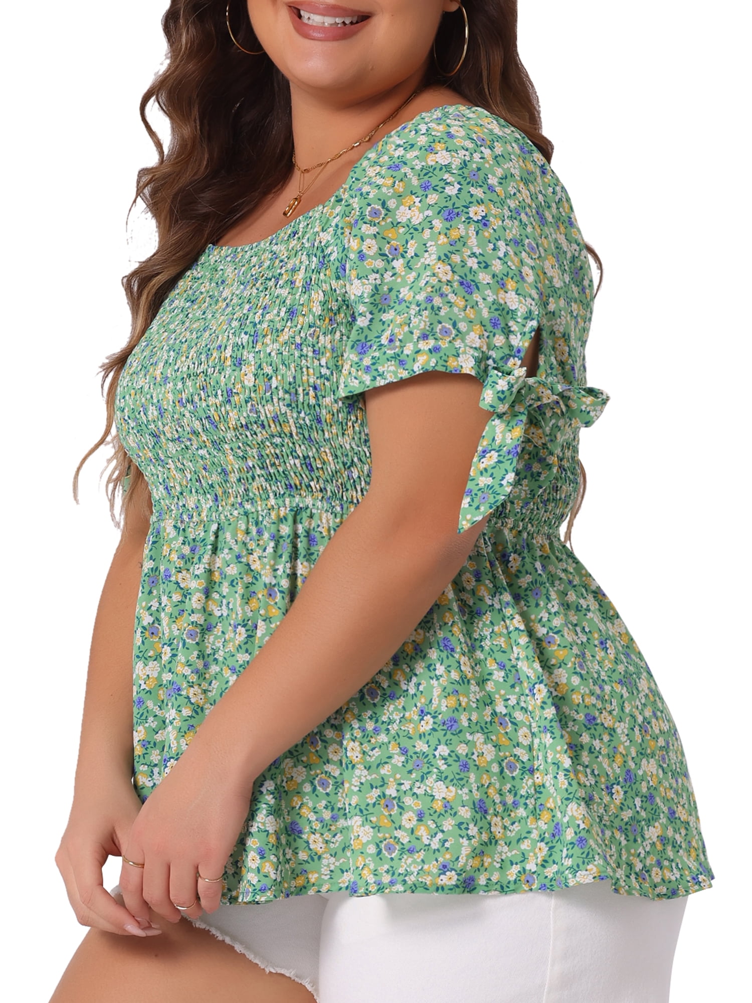 DARING DIVA Women's Plus Size Smocked Bow Tie Short Sleeve Peplum Blouse 2X Green
