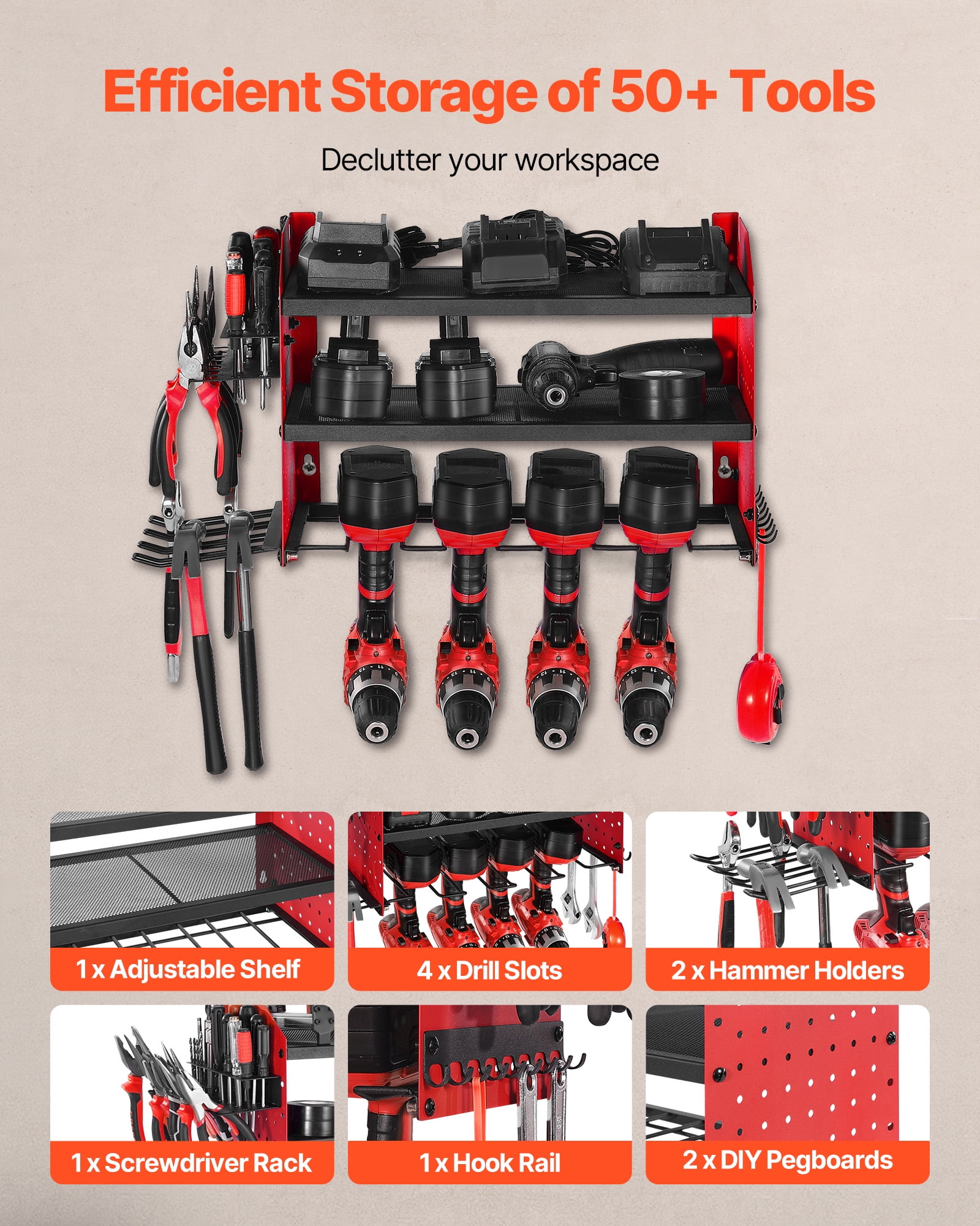 VEVOR Power Tool Organizer Wall Mount, 3-Layer Storage Rack with 4 Drill Holders, Tools Holder and Storage Rack with Side Pegboards, Garage Tool Organizer for Garage, Workbench, and Workshop