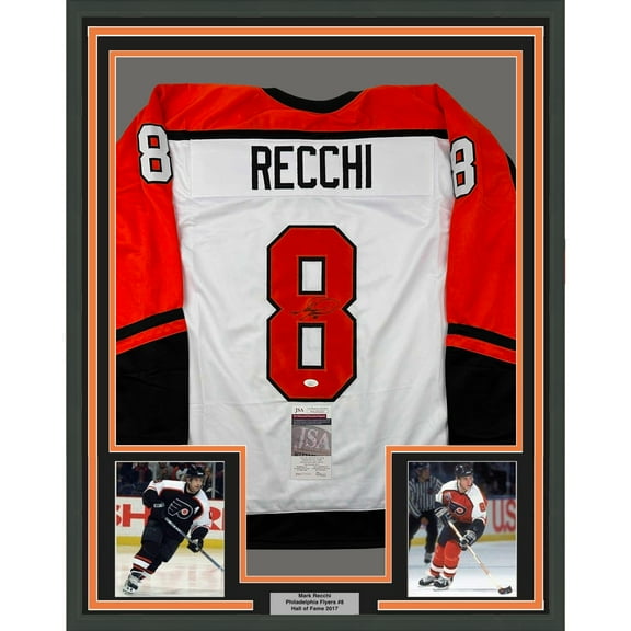 Framed Autographed/Signed Mark Recchi 35x39 Philadelphia White Hockey Jersey JSA COA