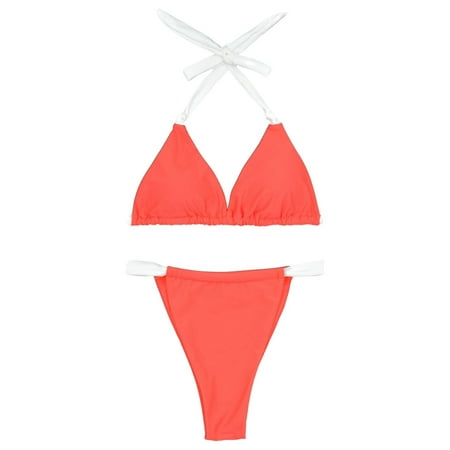 JIANJIA Womens Swimsuits Solid Color Sexy Lace Up Halter Brassiere With Thongs Split Swimsuit Two Piece Bikinis Swimwears Bathing Suits Red S