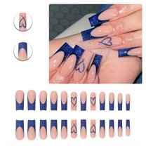RAGUPEL 24Pcs Glue on Nails for Women,Hand-Painted Love Pattern Square Nails,Blue Sequins Full Cover Nail Tips,Best Press on Nails for Daily Life,Gatherings and Photo Shoots,Style3