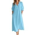 thumbnail image 2 of Karymi Solid Casual Midi Dress, V-Neck Scalloped Lace Trim Elbow Sleeve Shift Long Dress with Side Pockets, Beach Vacation Sundress Sundress, 2 of 7