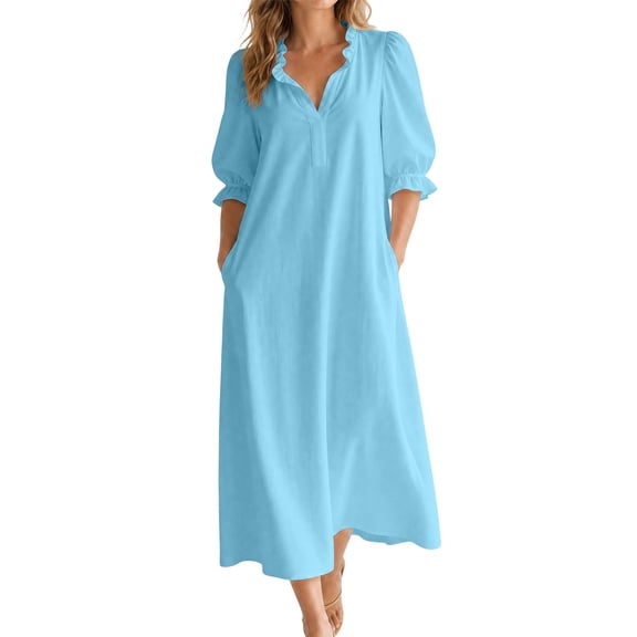 Ygbgbb Womens Dresses Three Quarter Puff Sleeve Scalloped V Neck Loose Maxi Tunic with Side Pockets for Daily Market Shopping Summer Leisure Blue XL