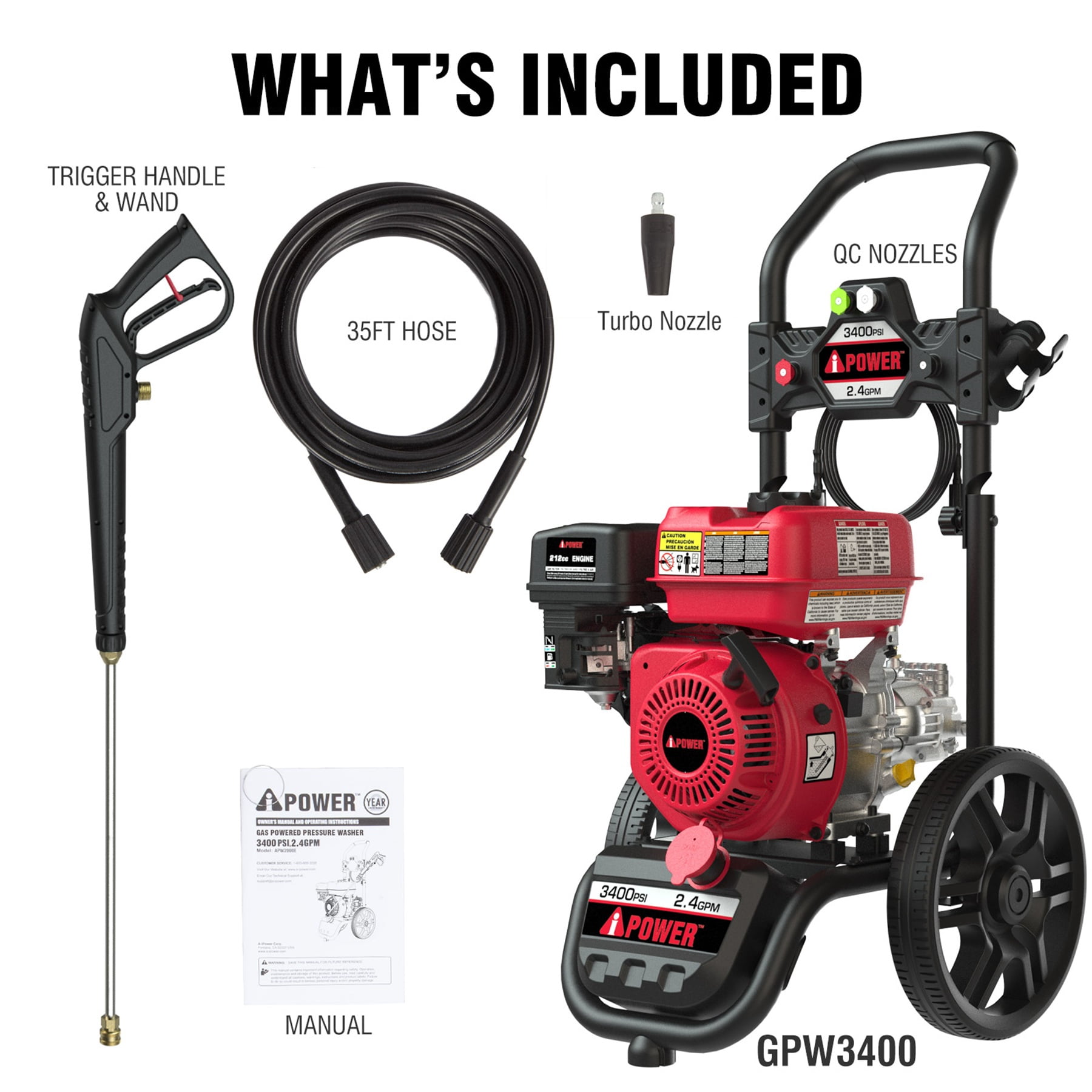 A-iPower Gas Pressure Washer 3400PSI 2.4 GPM Gas Powered Foldable Frame Pressure Washer 12'' Wheel Gas Power Washer, Onboard Soap Tank, with Spray Gun 5 QC Nozzles, for Fence/Cars/Driveways (GPW3400)