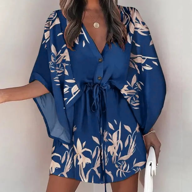 WILLBEST Vestidos de Algodon Vestido Corto de Corte A con Nudo Frontal y Cuello Floral para Mujer Mediana