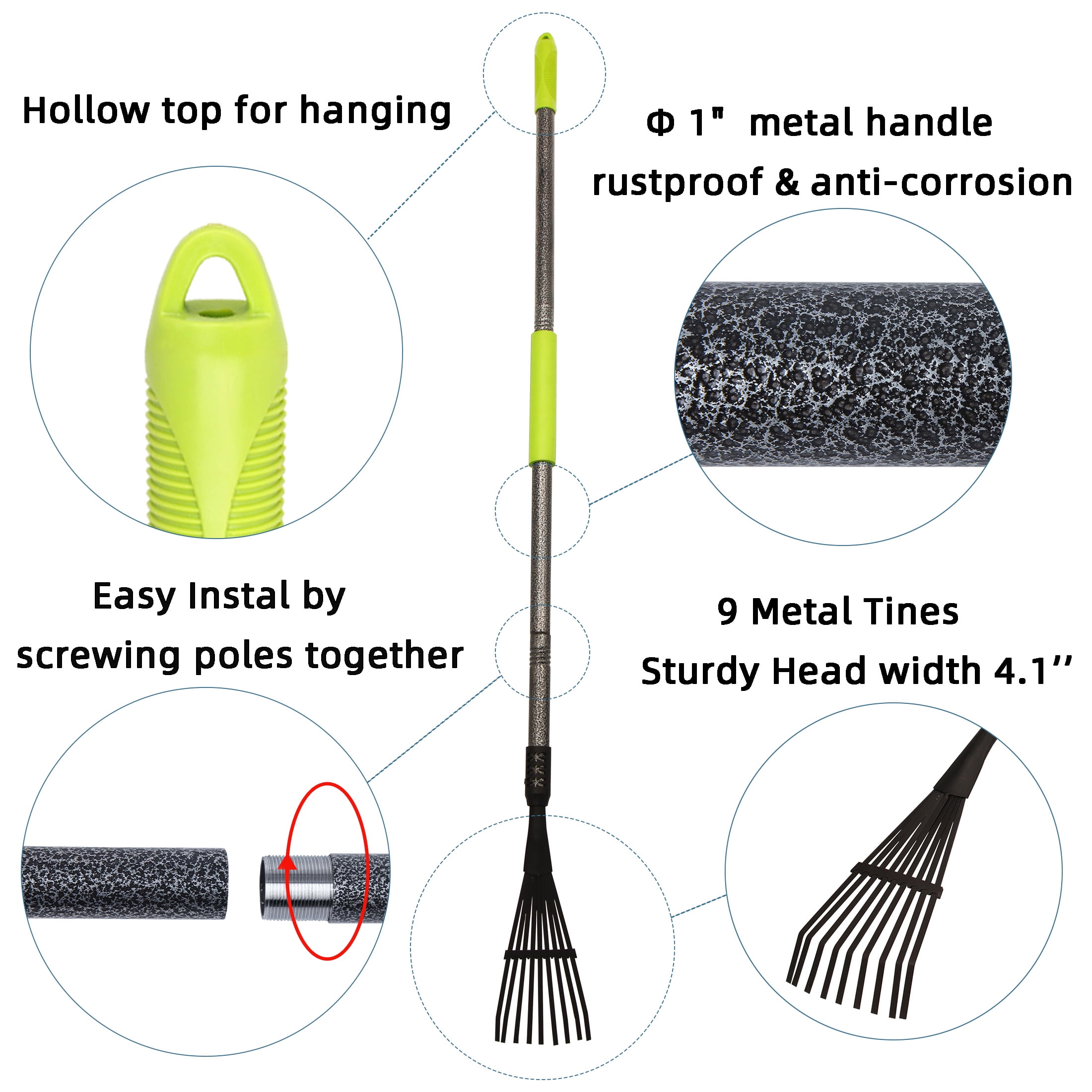 YARTTING Rake for Leaves, Small Garden Rake with Adjustable Long Handle, 9 Tines Metal Narrow Rake for Lawns Yard Flower Bed Mulch Shrub Outdoor Camping