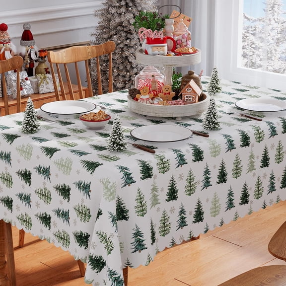 Christmas Tablecloth 60x84 Inch Rectangle, Washable Merry Christmas Tree Vintage Waterproof Table Cloth Seasonal Winter Holiday Scallop Edge Dining Table Cover Home Party Decorations