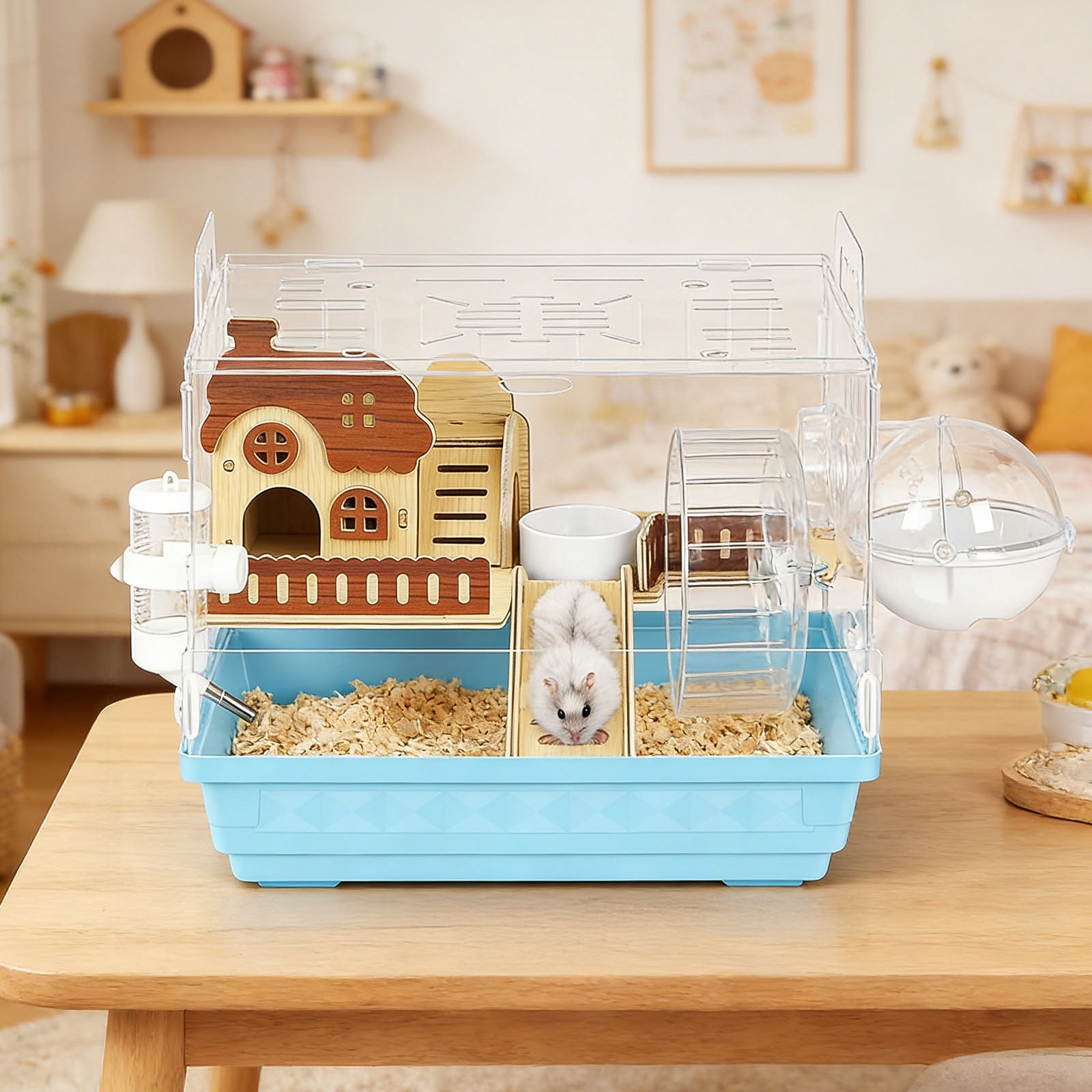 Acrylic Hamster Cage Starter Kit, Small Animal Habitat with Wheel, Water Bottle, Food Bowl, Small Hamster Habitat 360 Viewing, Hideout & Staircase,  for Dwarf, Guinea Pig, Gerbils