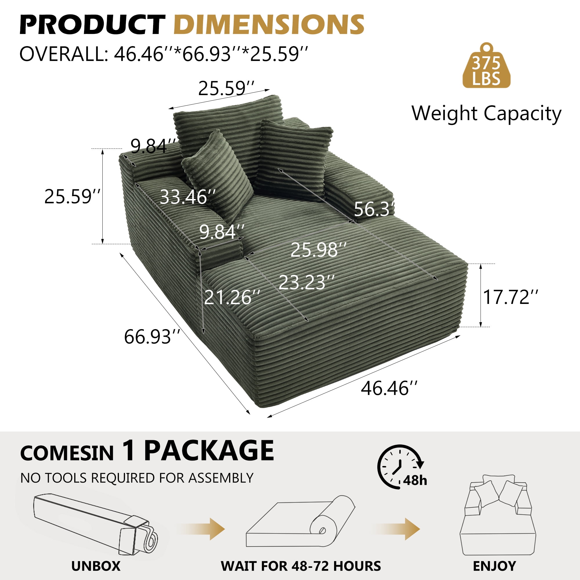 Gewnee Oversized Corduroy Sofa Bed, No Assembly Required, Sturdy & Durable, Equipped with 3 Soft Pillows, Ideal for Living Room，Green