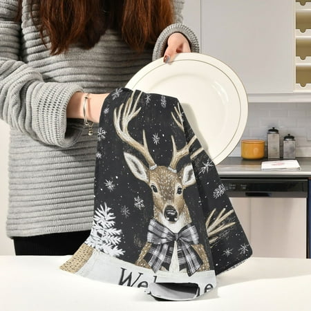 

BZSMCE Kitchen Towels Creative Deer with Plaid Bowknot Pattern Durable Kitchen Towel