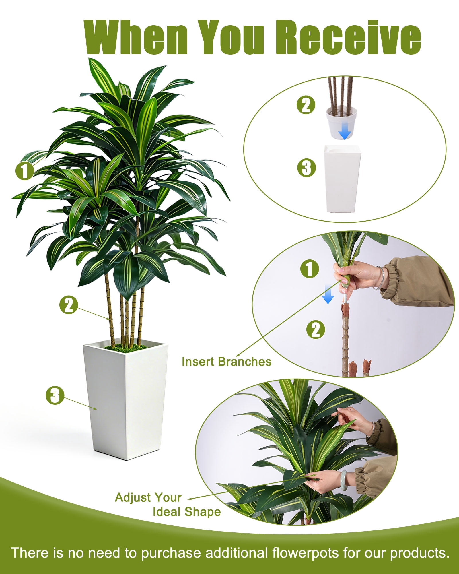 5FT Artificial Dracaena Tree, Large Fake Dracaena Tree Indoor with White Tall Planter and Fake Moss, Faux Yucca Trees Floor Plant in Pot for Living Room Office Indoor Home Decor