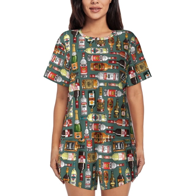 Fotbe Alcohol Bottles Conjunto de Pijama Estampado para Mujer, 2 Piezas, Ropa de Dormir con Camiseta de Manga Corta y Shorts Suaves-Small