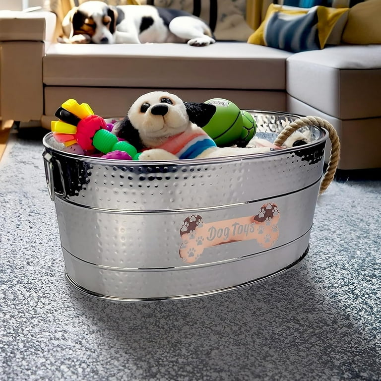 Stainless Steel Indestructible Dog Toy Bin Pet Storage Bin with Handles Large Organizer Storage Basket for Pet Toys Blankets Leashes Pawprint Design Home Decor Silver 25 Quart Walmart