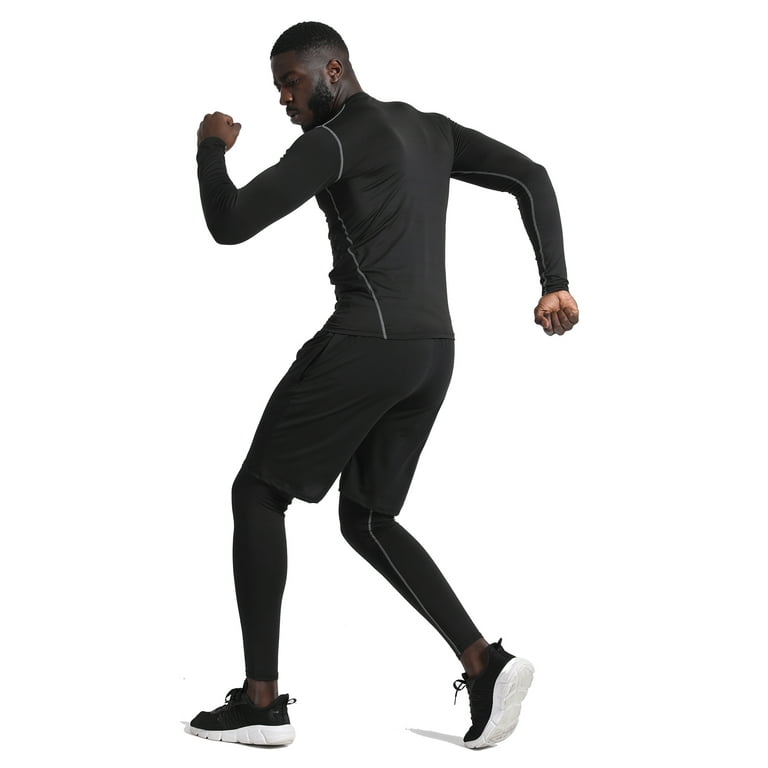 BUYJYA 5pcs Men's Workout Set Gym Clothing Compression Leggings Shorts Shirt Long Sleeve Top for Running, Size: Large, Black