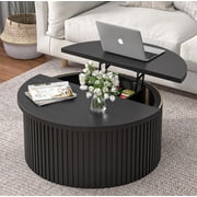 TIANTAI Round Fluted Lift Top Coffee Table with Storage, 34.6'' Farmhouse Round Coffee Tables for Living Room, Circle Wood Accent Center Table for Home, Office (Black)
