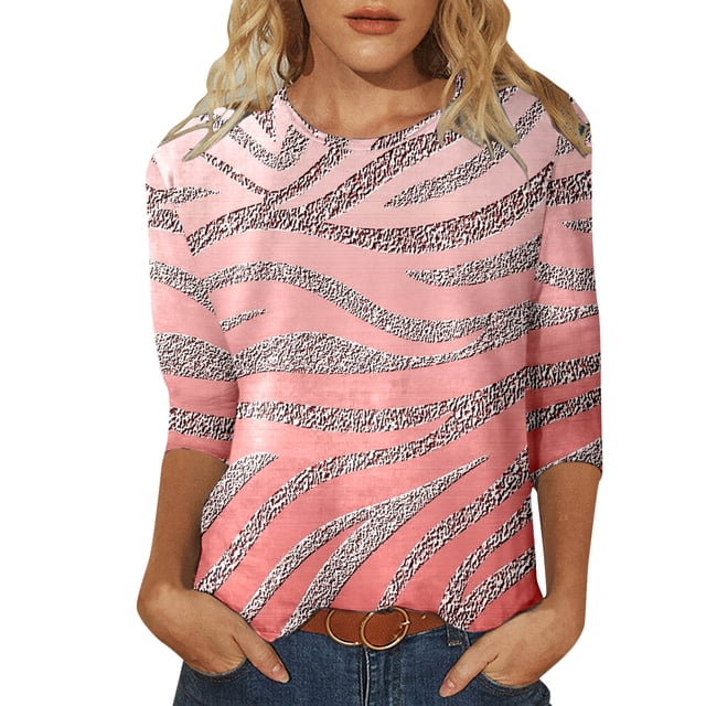 WEAIXIMIUNG Funny Tshirts Shirts for Women Plus Size Women Spring and Summer Casual Round Neck Three Quarter Sleeve Tshirt Gradient Pattern Print Top