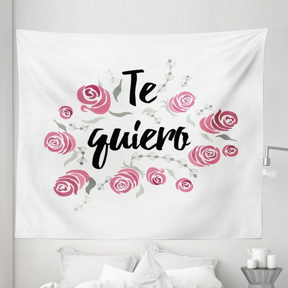 Spanish Tapestry, Te Quiero Typography with Rose Flower Wreath Romantic Love Valentines Concept, Fabric Wall Hanging Decor for Bedroom Living Room Dorm, 5 Sizes, Pink Black White, by Ambesonne