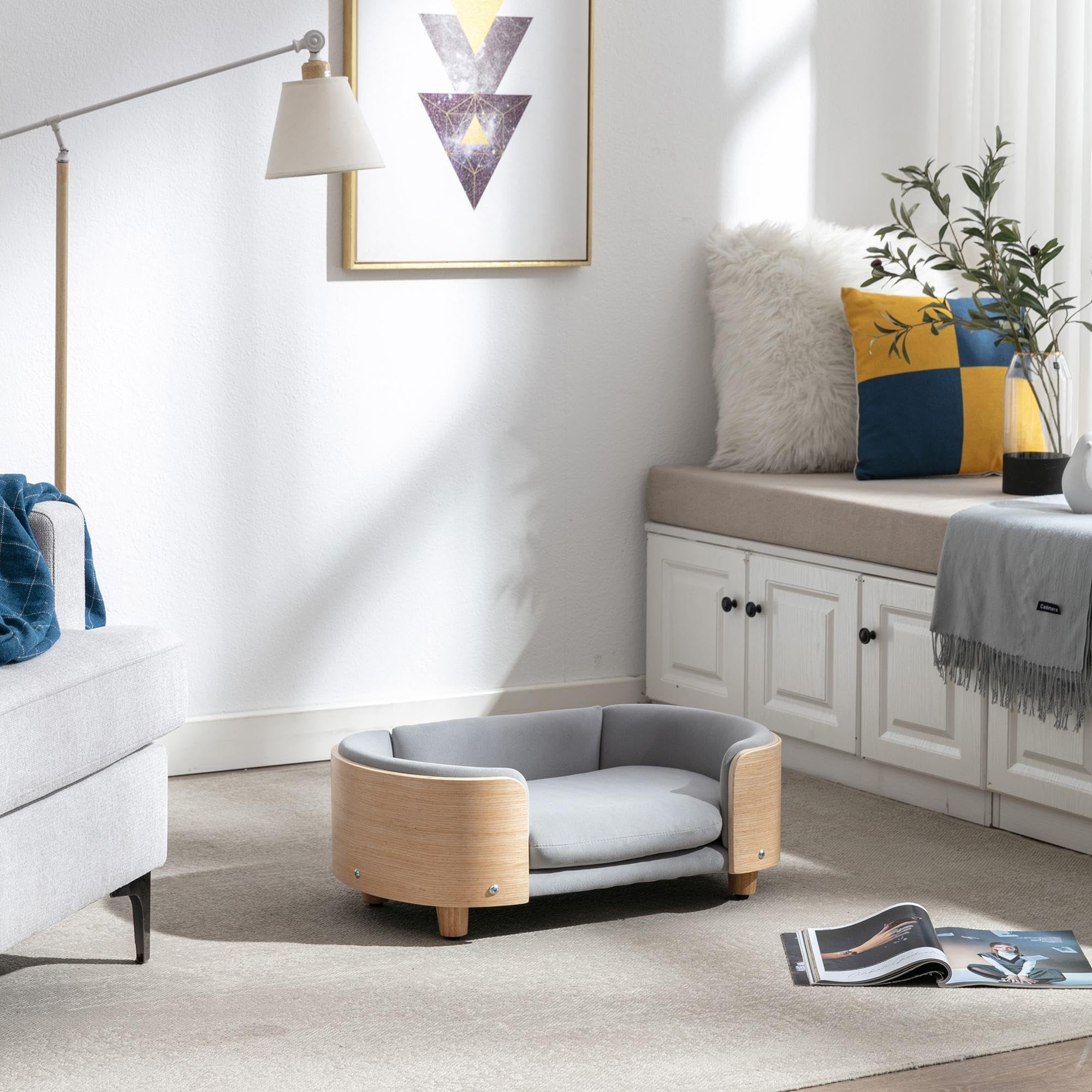 Scandinavian Style Elevated Dog Bed Pet Sofa with Solid Wood Legs and Bent Wood Back, Velvet Cushion, Small Size, Natural Frame & Light Grey Cushion