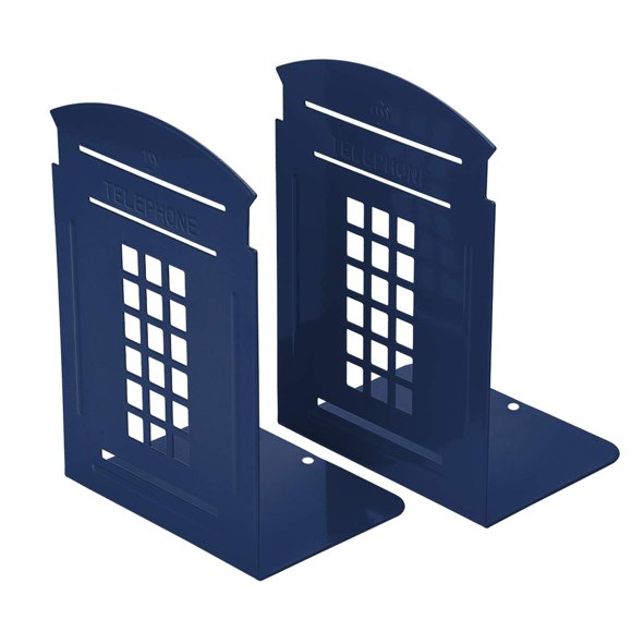 Bookends Blue, MerryNine 1 Pair Heavy Metal Non Skid Sturdy Telephone Booth Decorative Gift for Bookshelf Office School Library