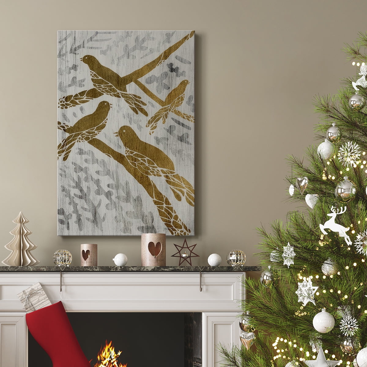 Four Calling Birds - Gold Leaf Holiday- Gallery Wrapped Canvas