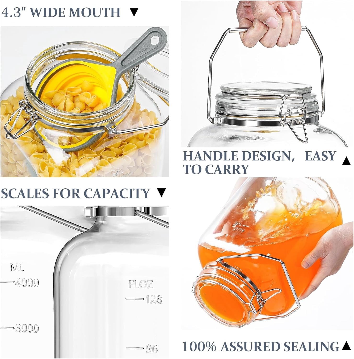 2 Pack 1.5 Gallon Glass Jar with Airtight Lid, 192 oz Square Wide Mouth Mason Jars with Stainless Steel Handle, Large Glass Storage Containers for Canning, Flour, Sugar, Rice, Pickled Eggs