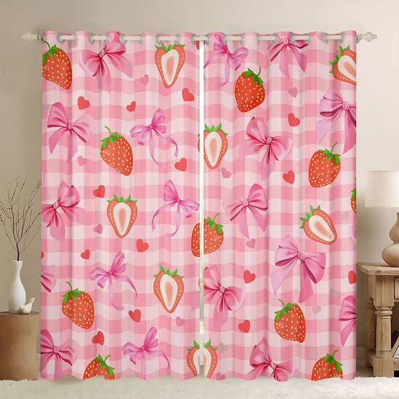 Feelyou Cute Princess Bowknot Black Out Curtains, Girly Pink Buffalo Plaid Curtains Pack of 2 (42x63 Each), Strawberry Love Heart Bedroom Curtains, Black Out Curtains Decor
