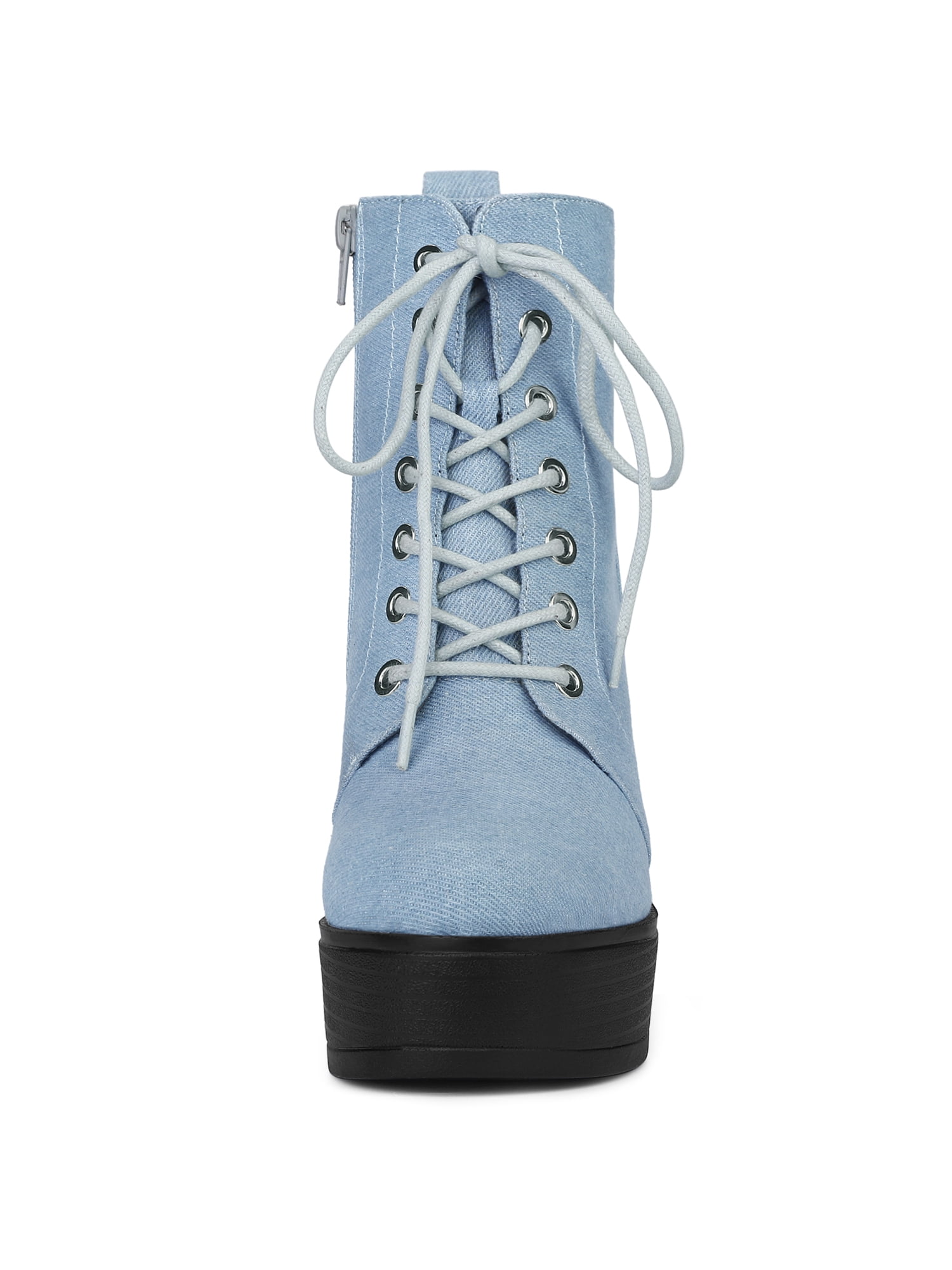 DARING DIVA Women's Zip Platform Block Heel Combat Boots Denim Blue 9